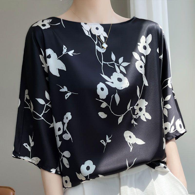 

Loose Crew Neck Top T-Shirt Summer Print Silk Classic black 2XL