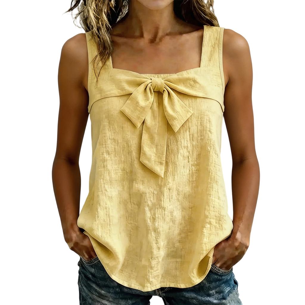 Women's Casual Sleeveless Tank Top Square Neckline Relaxed Fit Lightweight Fabric Summer Blouse with Front Tie Detail