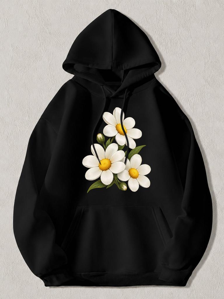 Black Pullover Hoodie with White Daisy Flower Print Casual Long Sleeve Sweatshirt with Kangaroo Pocket And Drawstring Hood Unisex