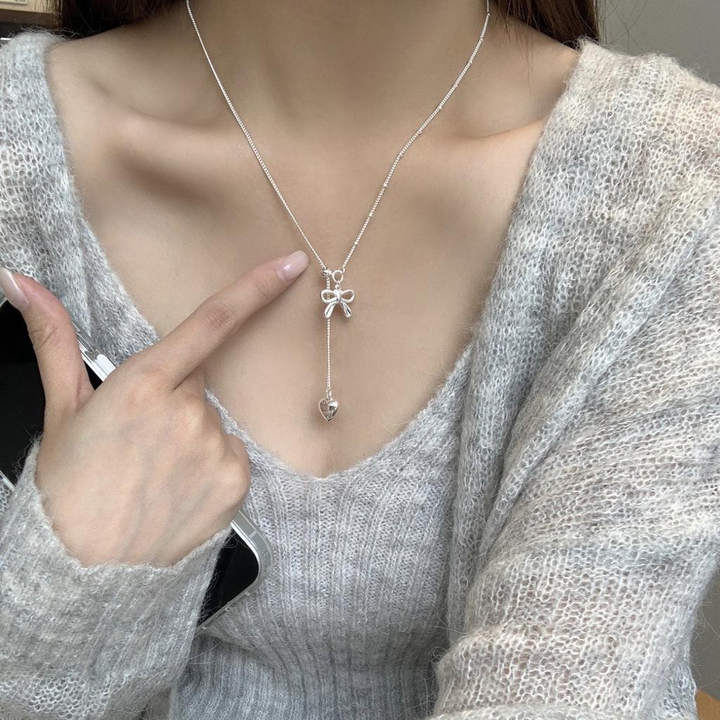 VENTFILLE 925 Sterling Silver Bow Necklace For Women Sweet Cool Tassel Love Fashion Classic Jewelry Gift Dropshipping