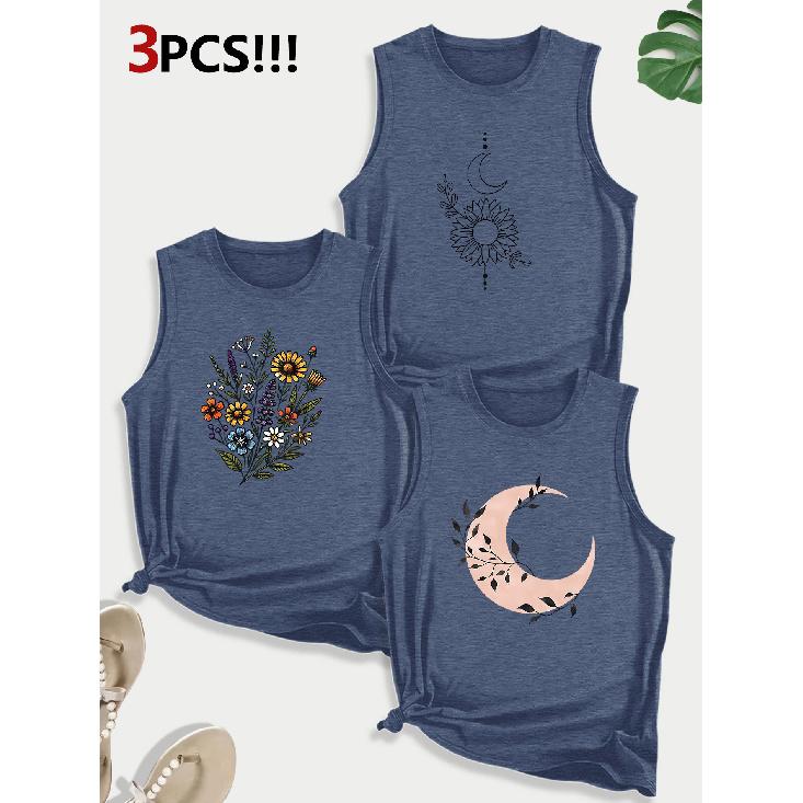 Dog Lover Paw Print Combination Gift Printed Pattern Round Neck3Pack of Sleeveless Vests for Women In Spring, Summer, and Autumn