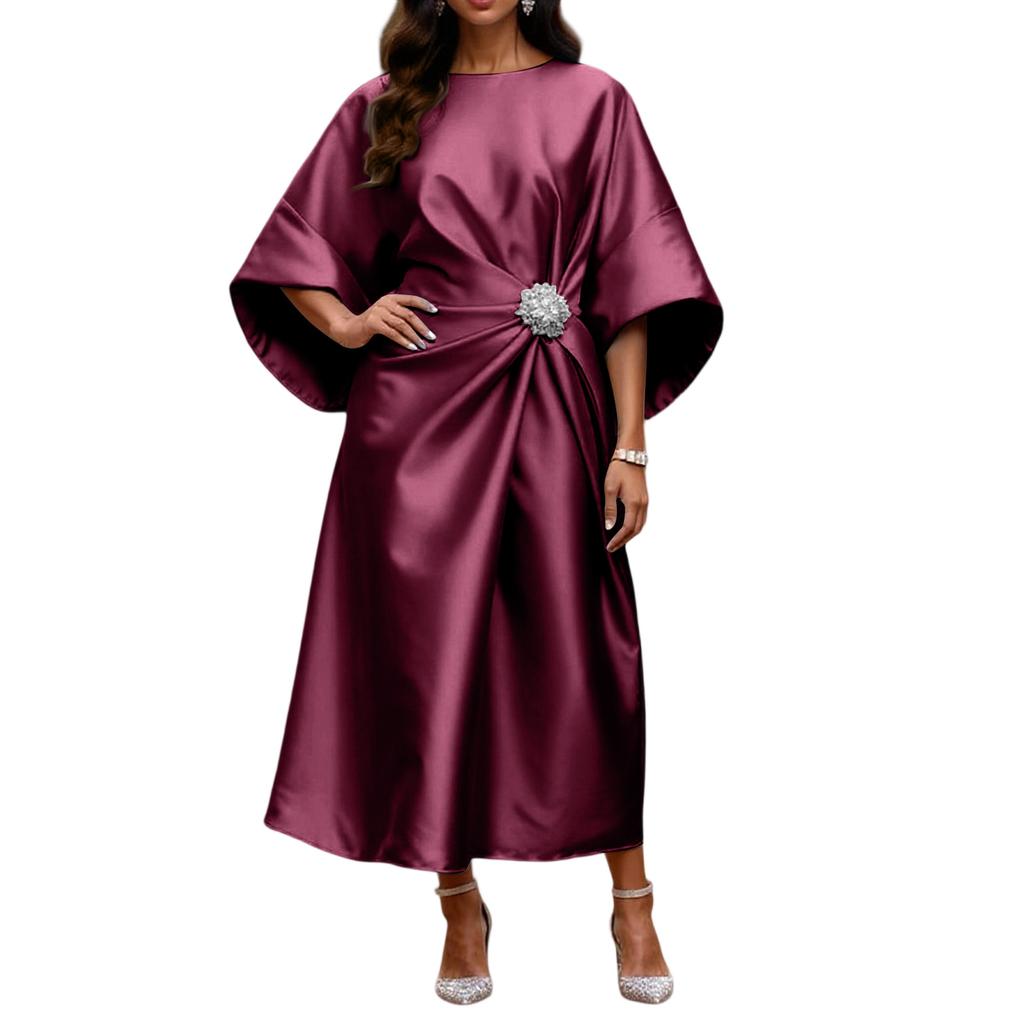 Elegant And Sophisticated Satin Dress With Beaded Floral Embellishments For Women's Commuting.
