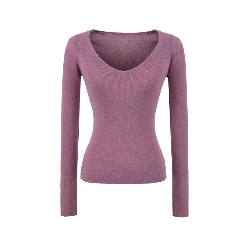 Women s Pure Desire Basic V-Neck Long-Sleeve Knit Top - Slimming, Stretchy, Solid Color, Versatile Fitted Layer Large
