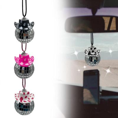 Disco Ball with Cowboy Hat for Car Rear View Charm Decoration Reflective Hanging Ornament for Birthday Party Wedding Supplies