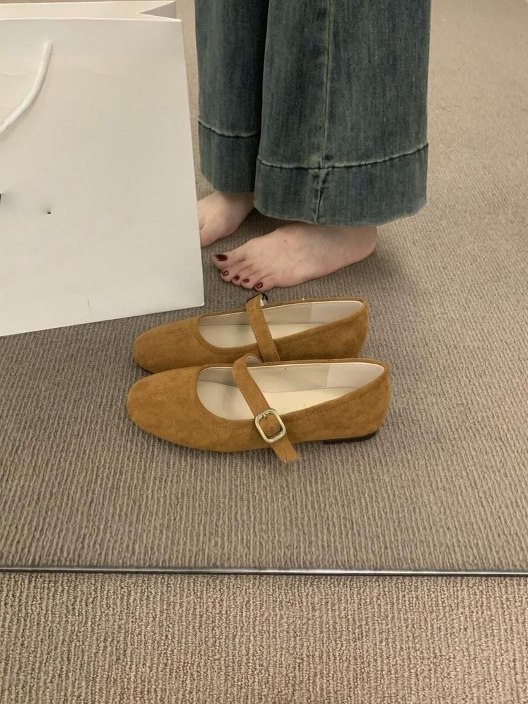 Simple and Versatile Word with Round Head Suede Mary Jane Shoes Are Versatile and Not Tired of Feet, Flat Bottom Doudou Ballet Single Shoes Women