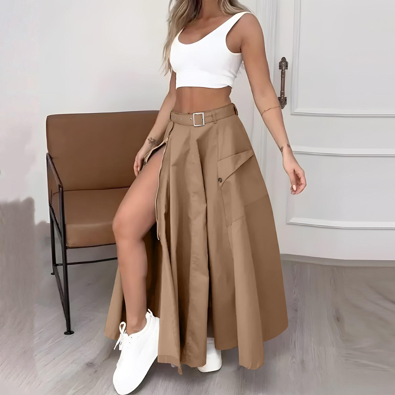 

Женская мода, повседневная однотонная юбка с жилетом, длинная юбка, комплект XXL хаки