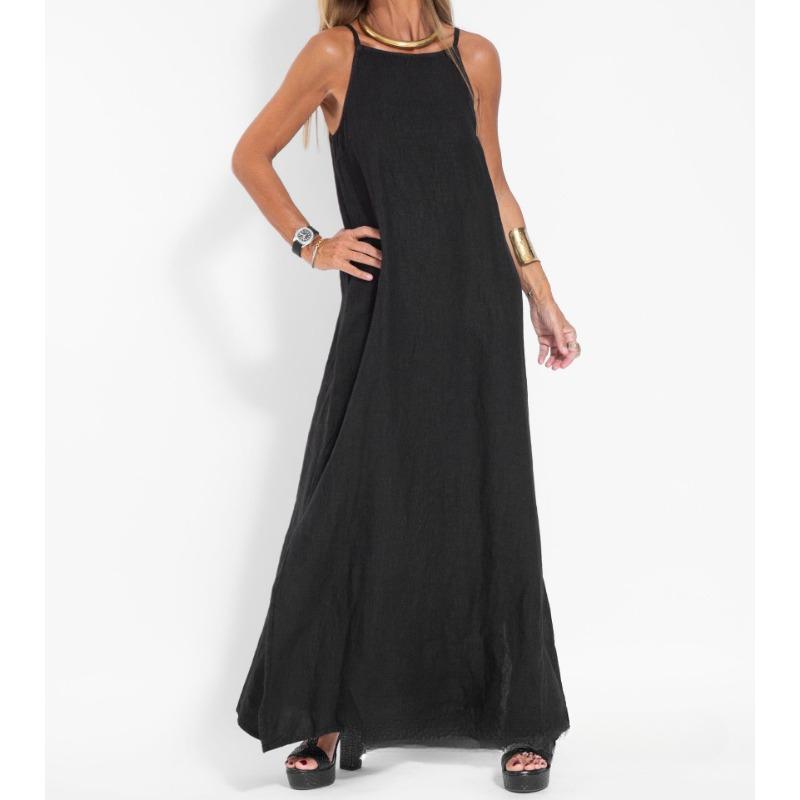 Fashionable and Casual Cotton and Linen Split Suspender Dress