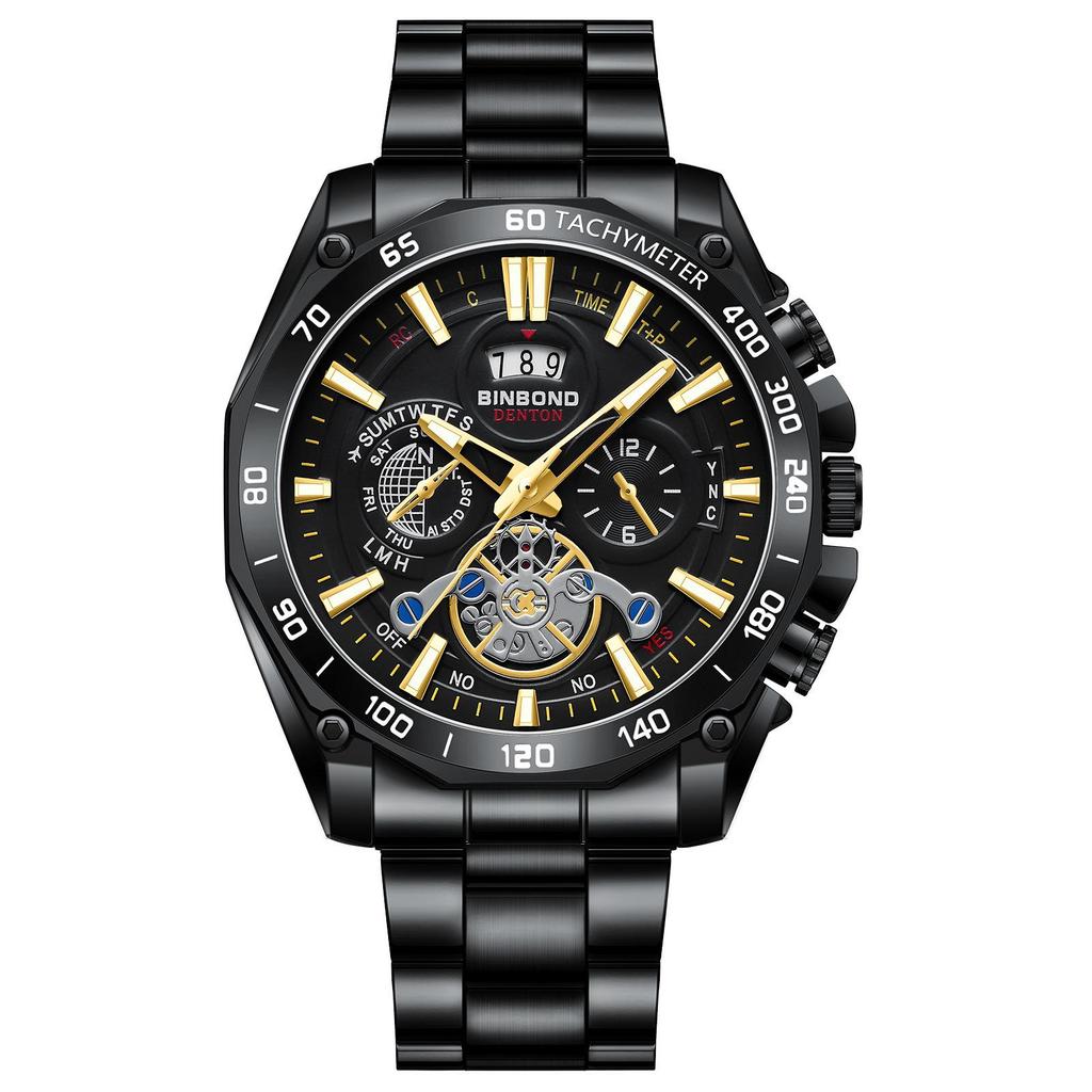 BINBOND Men's Luminous Trendy Tourbillon Steel Band Watch with Decorative Three Dials and Six Hands.