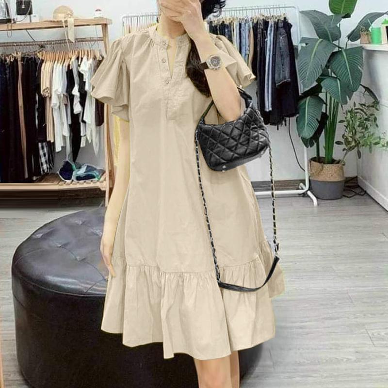 

ZANZEA Women Casual Stand Neck Solid Color Loose Short Sleeve Dress 4XL
