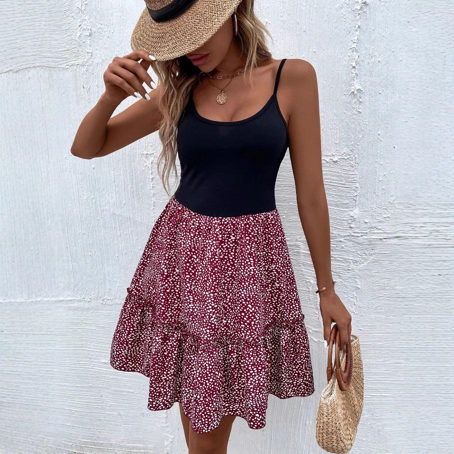 Women Summer Casual Strap Backless Printed Holiday Beach One Piece Dress