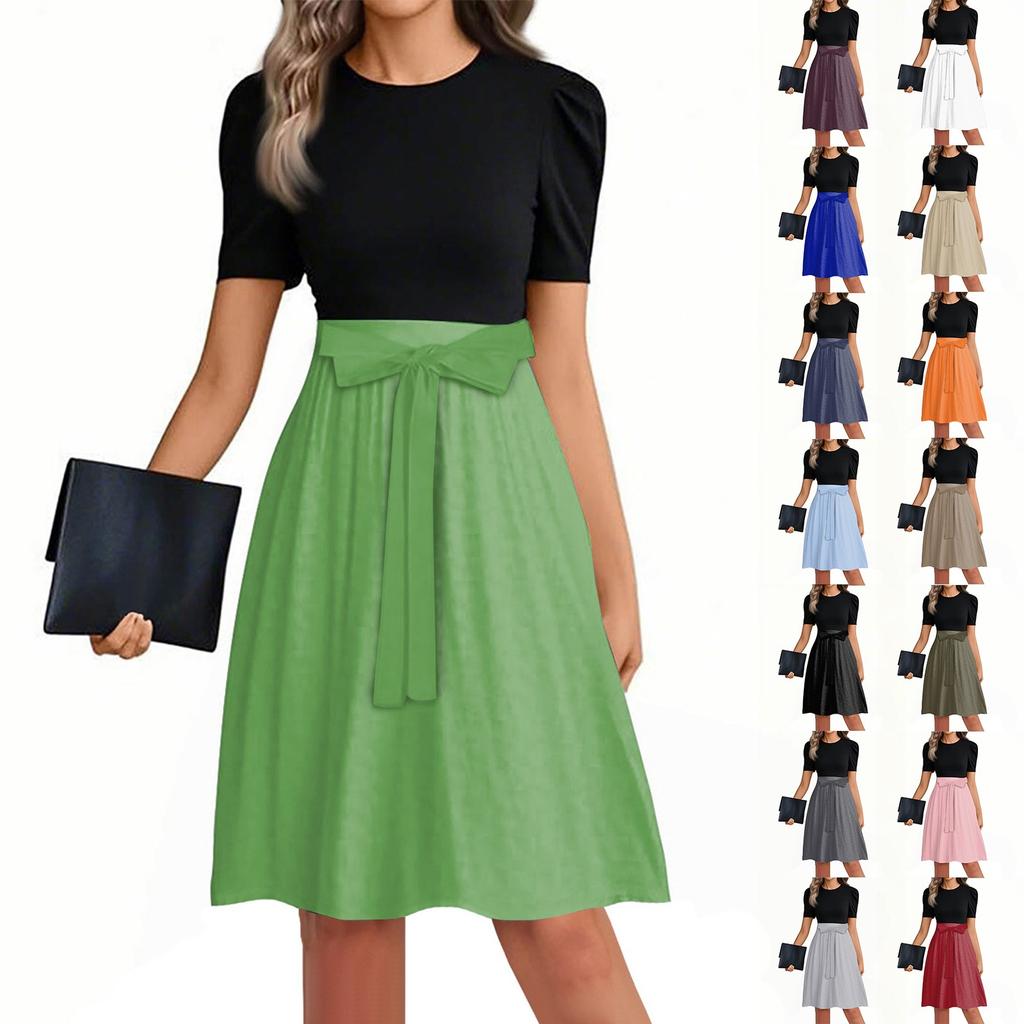 Women's Fashionable Casual Belt Short Sleeved Round Neck Color Patchwork Dress