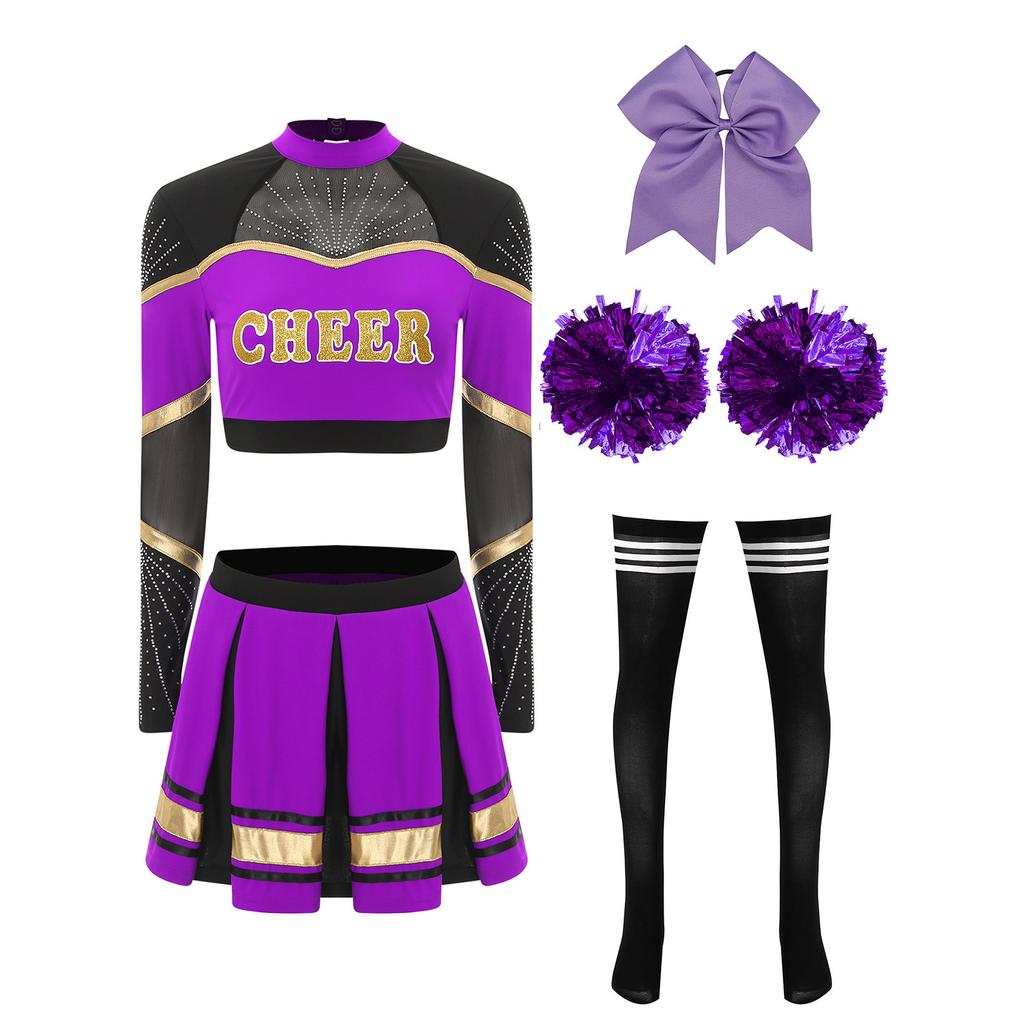 Damen Cheerleading Performance Tanz Outfit Langarm Stehkragen Strass Crop Top Faltenrock Haargummi Set