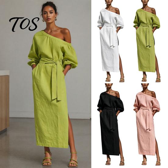 Women Long Dress One Shoulder Dress, Solid Color Tie Waist Side Split Casual Summer Dresses Party Sleeve Maxi for Everyday Wear