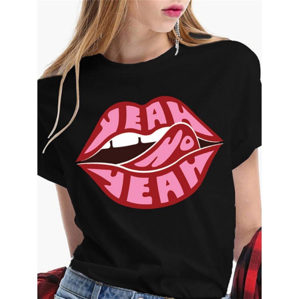 Fashion Sexy Red Lip Women T Shirt Funny Kiss Lips Print Ladies T-shirt Casual Basis O-collar Short Sleeves Female Tops Tees