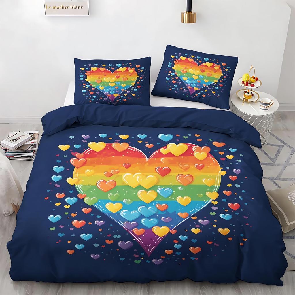 Colorful Rainbow Heart Duvet Cover Sets For Kids Boys Girls Queen Lightweight Quilt Covers Love Heart Bedding Sets Bedroom Decor