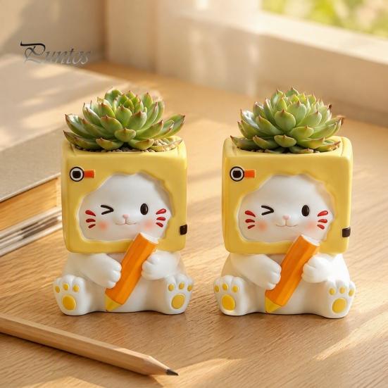 Small Resin Flowerpot Holding Pen Cat Planter Pot, Shaped Flowerpot, Indoor Succulents Plants Container for Home Office Balcony Animal Plant Pot