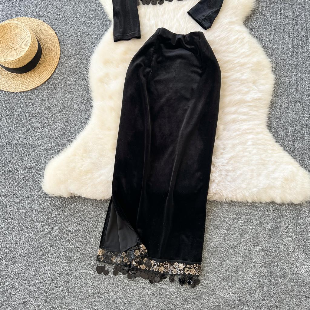 Primăvară Toamnă Femei Vintage Negru Catifea Paiete Cic Set Două Piese Pulover Topuri și Long Midi Slim Bodycon Fusta Creion