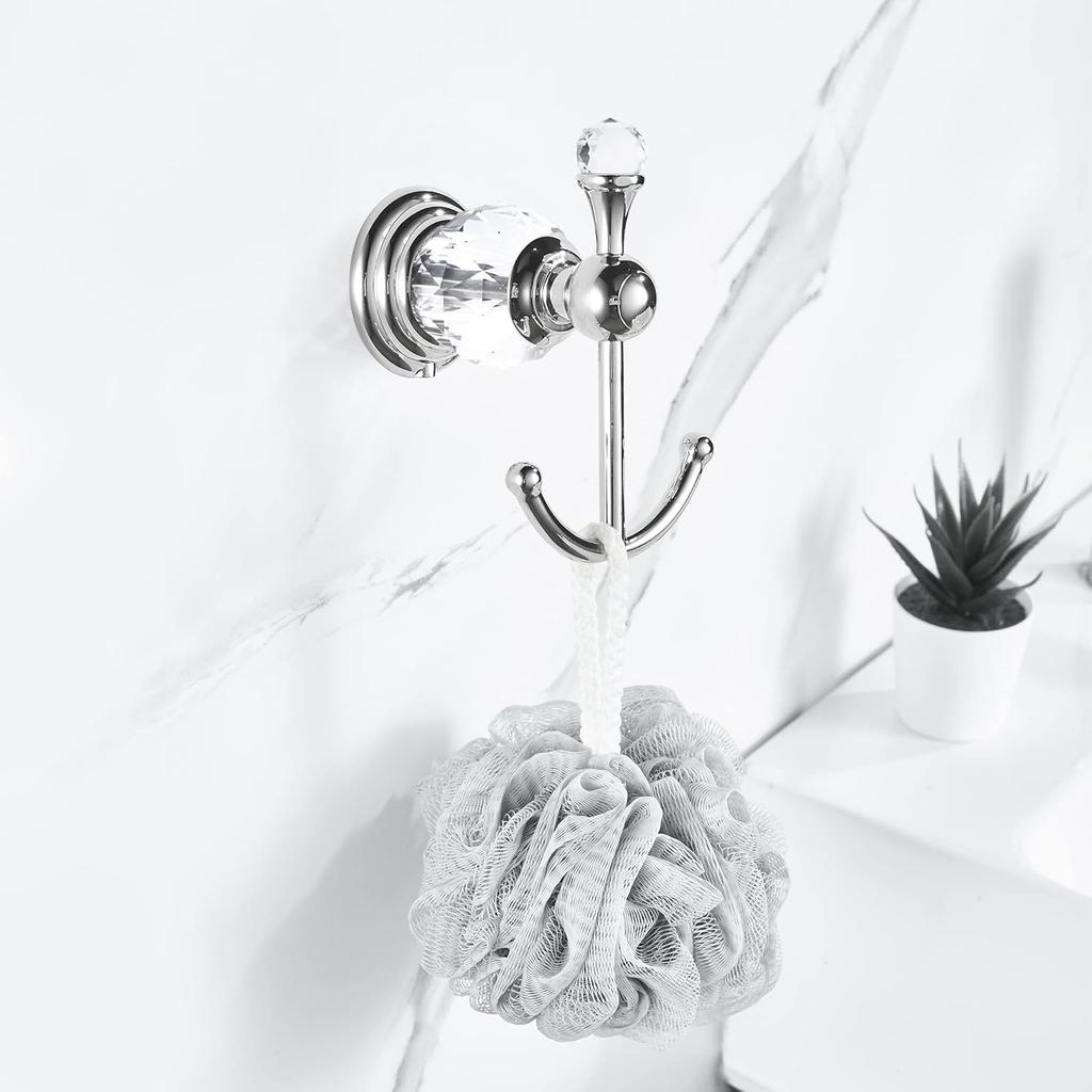 BATHSIR Crystal Robe Hook, Polished Chrome Double Towel Hook for Bathroom, Wall Mounted Silver Coat Hook