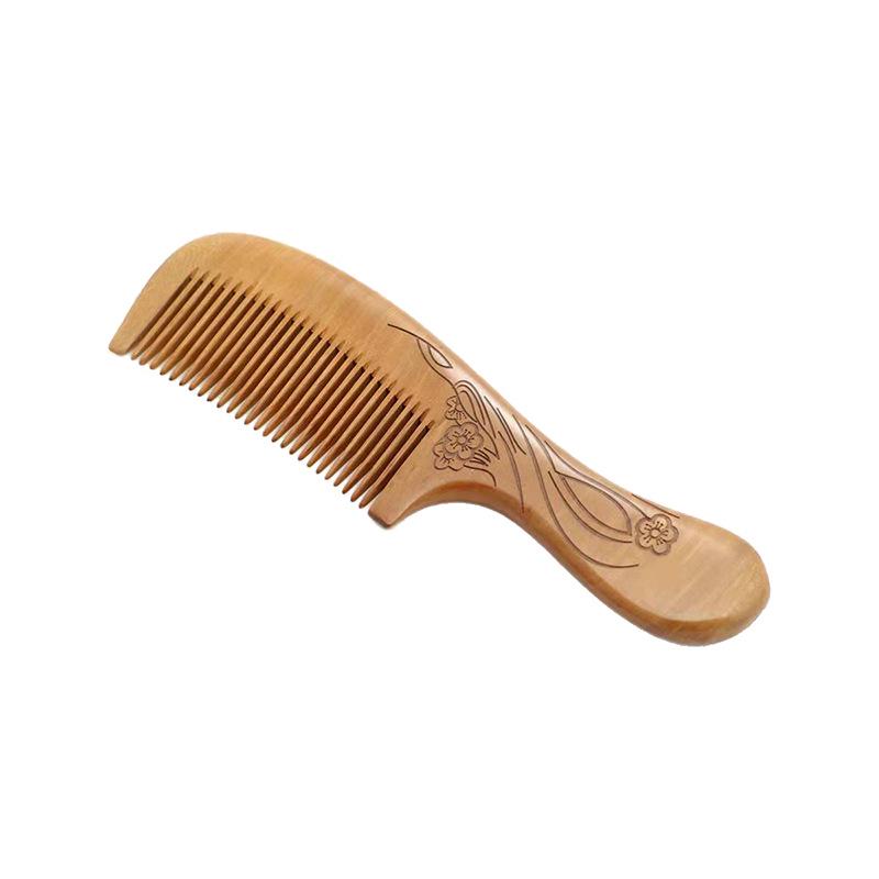 Peach Wood Carved Comb with Fine and Medium Teeth - Handleless, Floral Design
