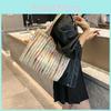Trendy Large Capacity Rainbow Stripe Canvas Shoulder Bag With Chic Embroidery Design