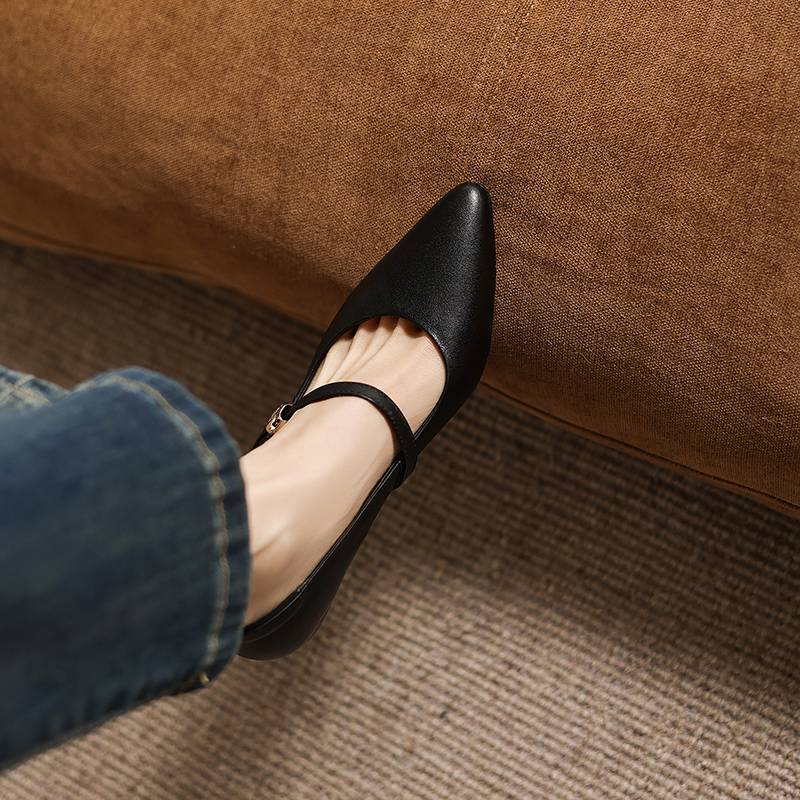 Krazing Pot Genuine Leather Round Toe Thin Heels Summer Shoes Solid Big Size 42 Shallow Decoration buckle Women Shallow Pumps