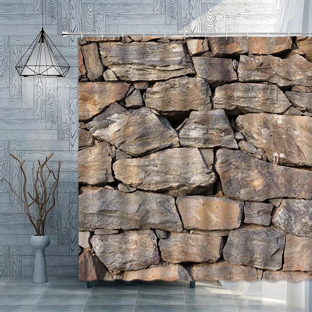 Brick Stone Wall Shower Curtain Vintage American Country Retro Printing Pattern Garden Background Screens Custom Bathroom Decor