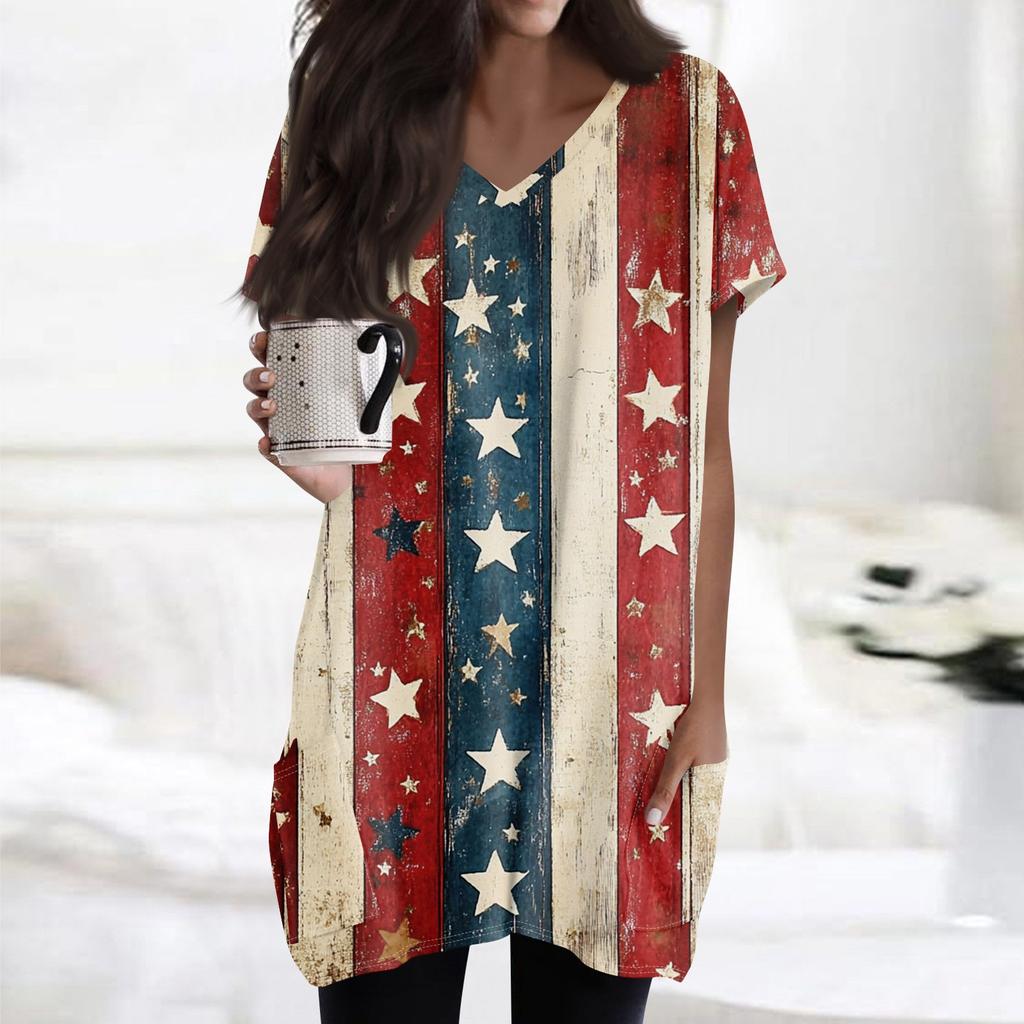 Womens Tops V-neck Short Sleeve Blouses Casual Mid-length Shirts Fashion Independence Day Print Tunic Tops With Pockets