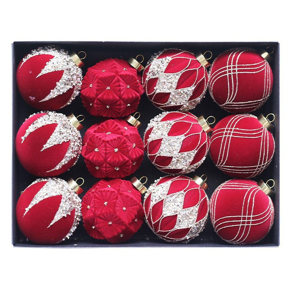 12 Stück 8cm Beflockte Weihnachtskugeln Set Rot Grün Weihnachtsbaumschmuck Partygeschenke