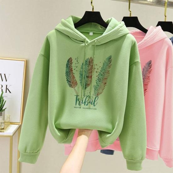 Hoodie Feather Print Long Sleeve Thick Loose Soft Drawstring Hooded Unisex Keep Warm Casual Elastic Cuff Women Men Hoodie