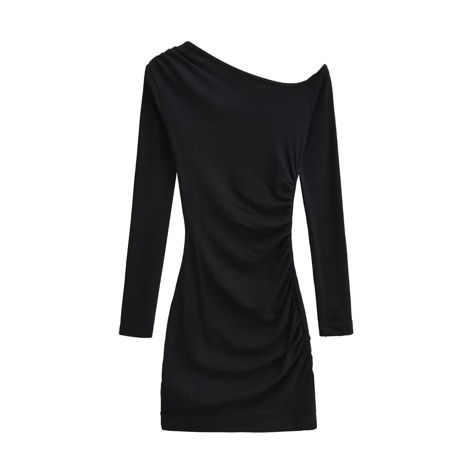 

YPFF Trendy One-Shoulder Long-Sleeve Mini Dress - Sexy, Pleated, Slimming Bodycon Style, Hip-Hugging and Versatile. Large чёрный