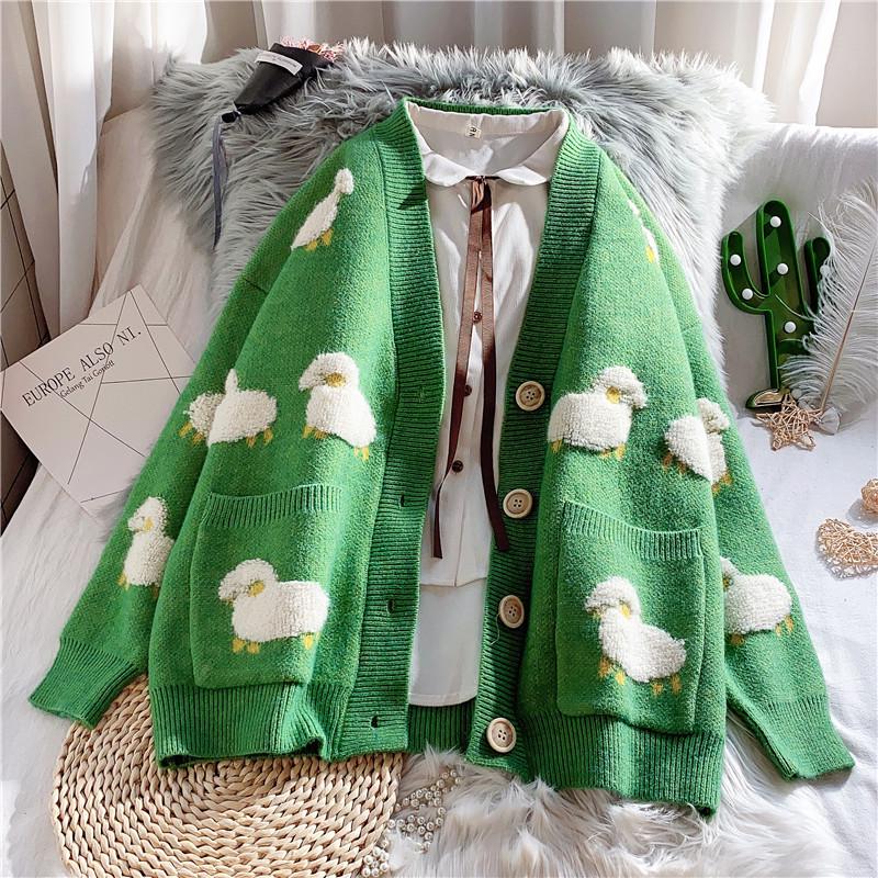 Women Knitted Cardigan Cute Sheep Sweater Cardigan Spring Autumn Casual Loose Outwear