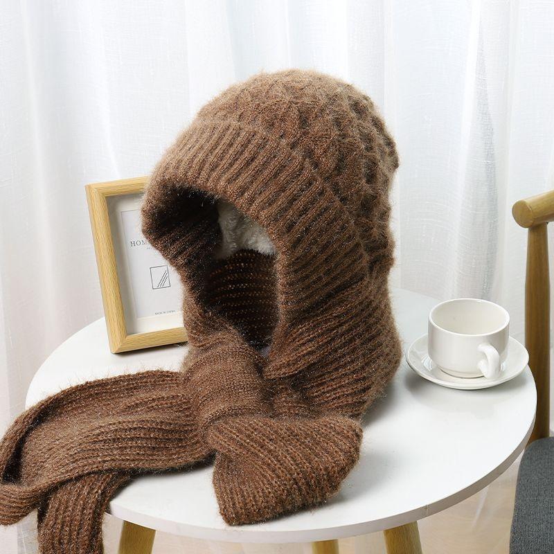 New Snow Hat, Scarf, Integrated Thickened Autumn and Winter Hat, Wool Woven Women's Thermal Hat, Cold-proof and Plush Wool Hat