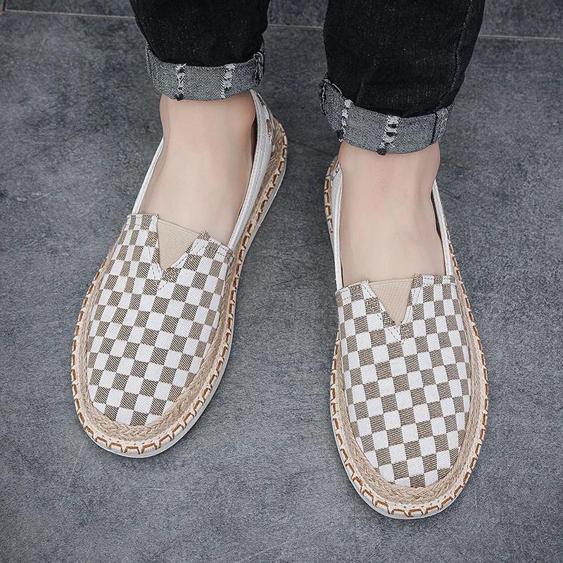 New Shoes for Men Canvas Casual Shoes Summer Breathable Plaid Slip-on Loafers Street Fashion Flat Fisherman Shoes