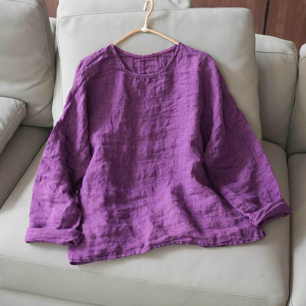 

Johnature Women T-Shirts Vintage Spring Chinese Style Solid Color Long Sleeve O-Neck Loose Female T-Shirts One Size фиолетовый