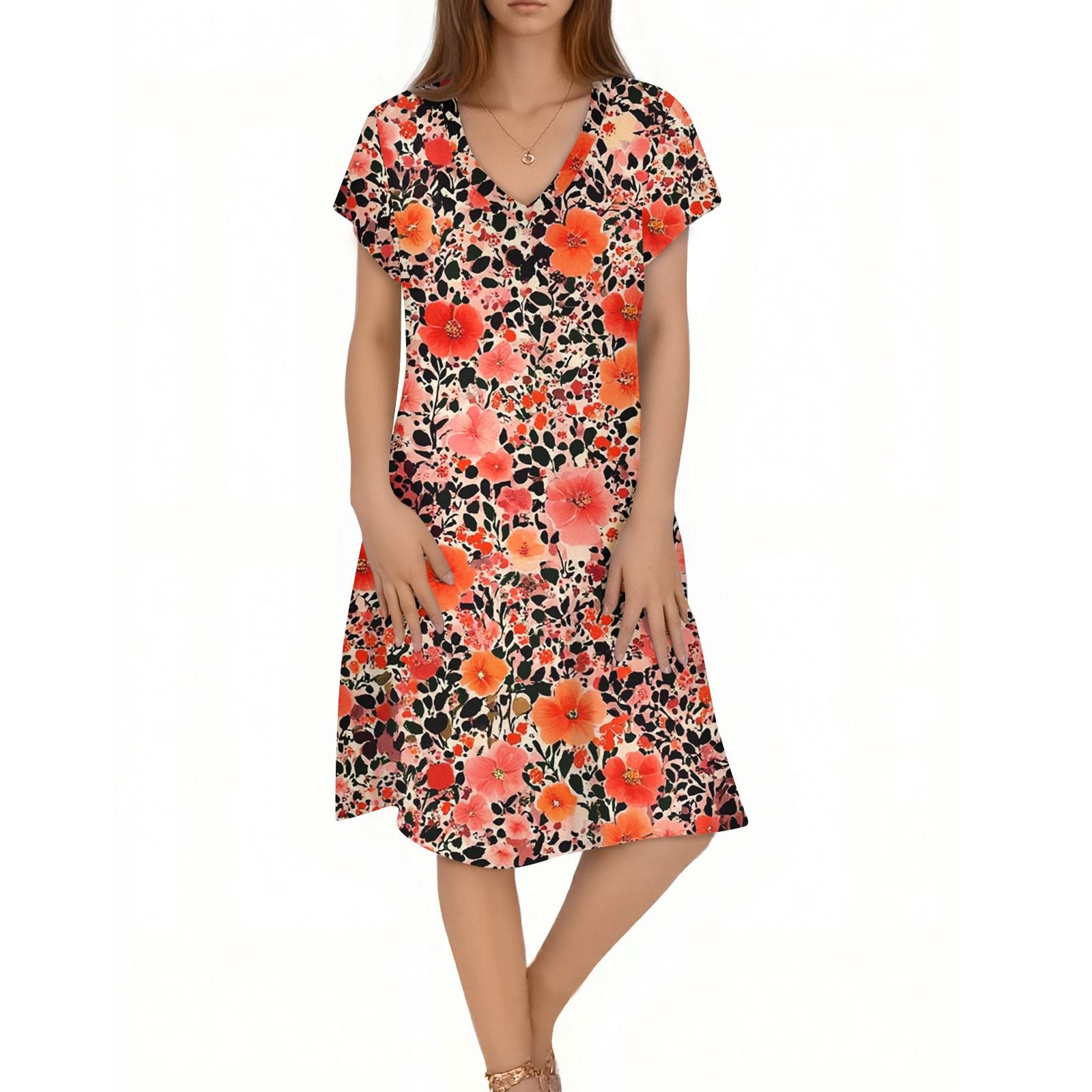 

Women s Casual Fashion V-Neck Short Sleeve Floral Print Midi Flowing Dress XXL