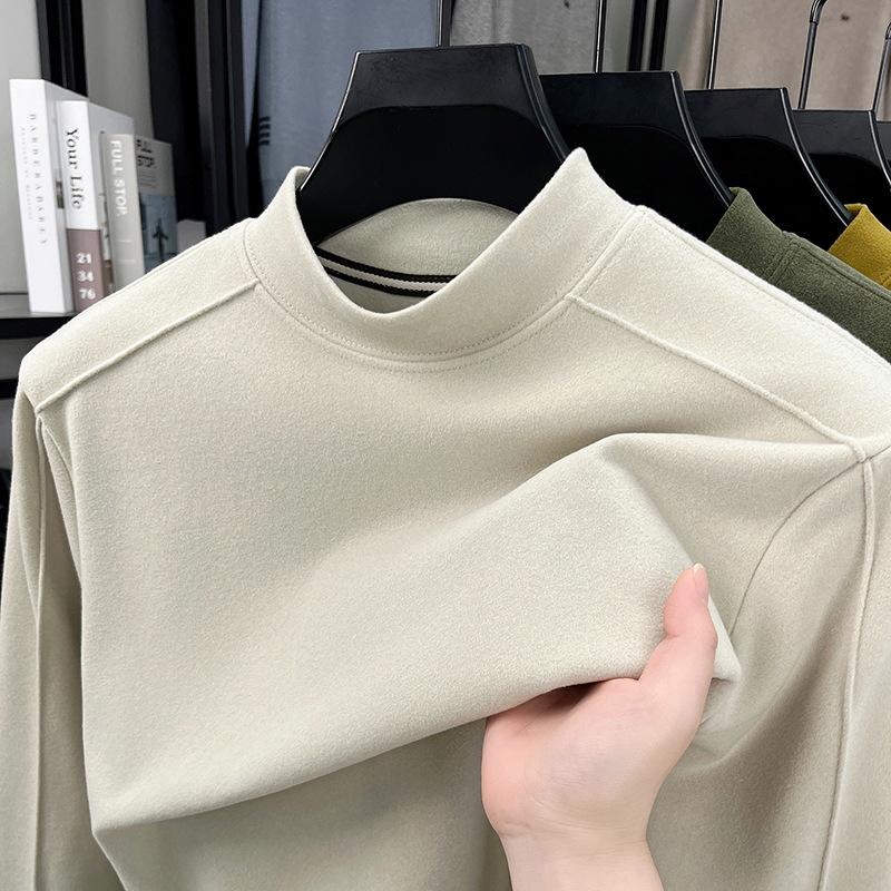Men's Thickened Warm Long-Sleeve Hoodie, 2025: Half-High Collar, Double-Sided German Fleece, Self-Heating Solid Color Base Layer