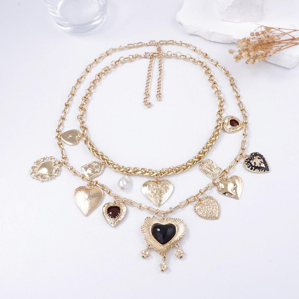 Mode Vintage Gothique Géométrique Cœur Pendentif Double Couche Empilé Personnalisé Chaîne Collier Boucles d'Oreilles Femmes