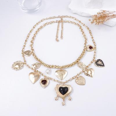 Fashion Vintage Gothic Geometric Heart Pendant Double Layer Stacked Wear Personalized Chain Necklace Earrings Women