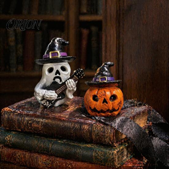 Indoor Outdoor Holiday Ornaments Halloween Resin Ornament, Ghost Owl Pumpkin Shape Figurine, 3D Decorations Decoration, for And Tabletop Decor Guitar