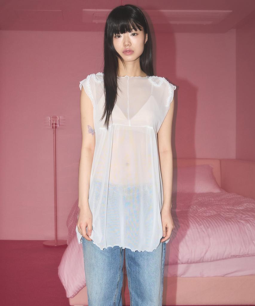 NOFFICIALNOFFICE Sheer Mesh Ribbon Dress White