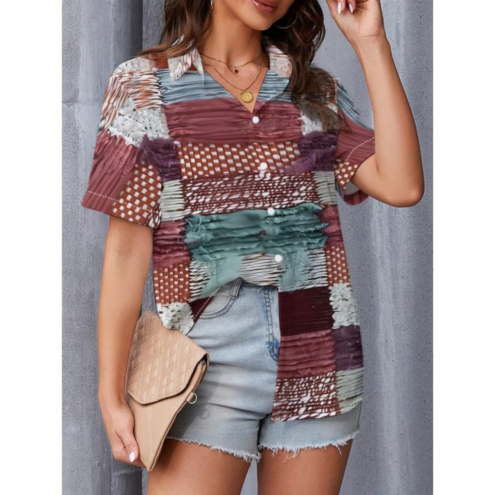 Simple and Personalized Heart Letter Printed Summer Women's Plus Size Lapel Short Sleeved Shirt Fashionable Daily Versatile Top