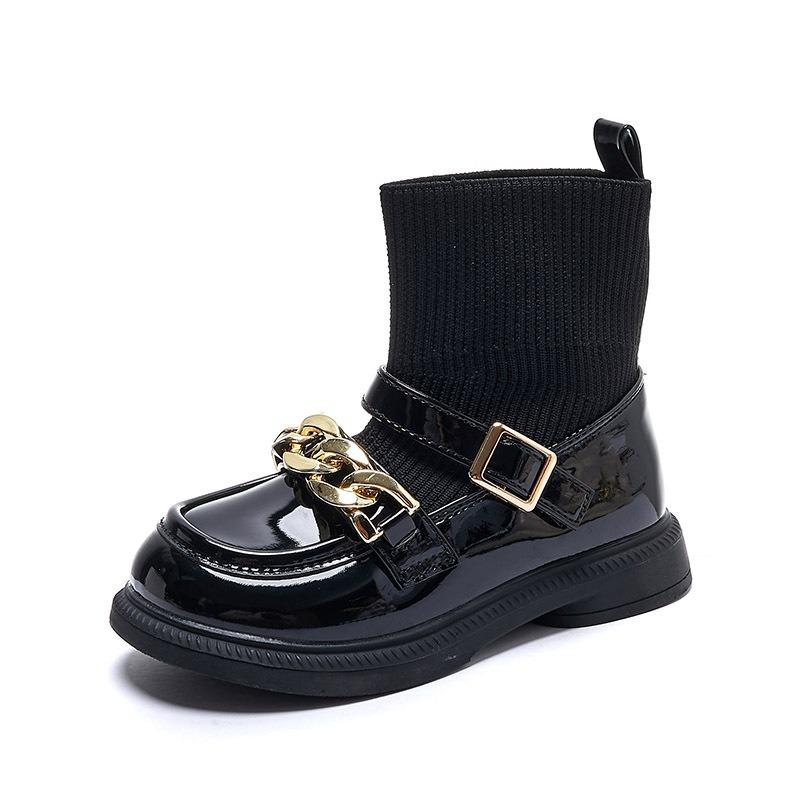 Korean Version of the New Children's Boots British Style Knitted Socks Boots Fashion Chain Foreign Style Princess Leather Boots