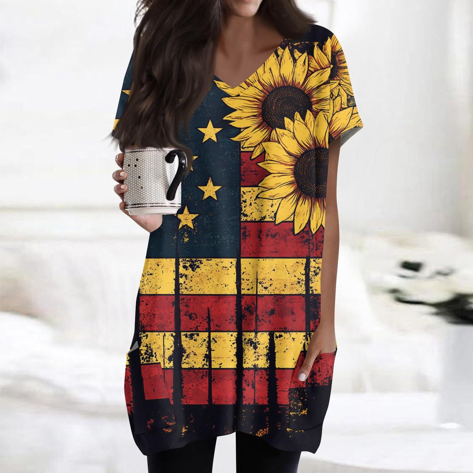 

Женские топы с V-образным вырезом, блузки с коротким рукавом, повседневные рубашки средней длины, модные туники с принтом «День независимости» и карманами XL жёлтый