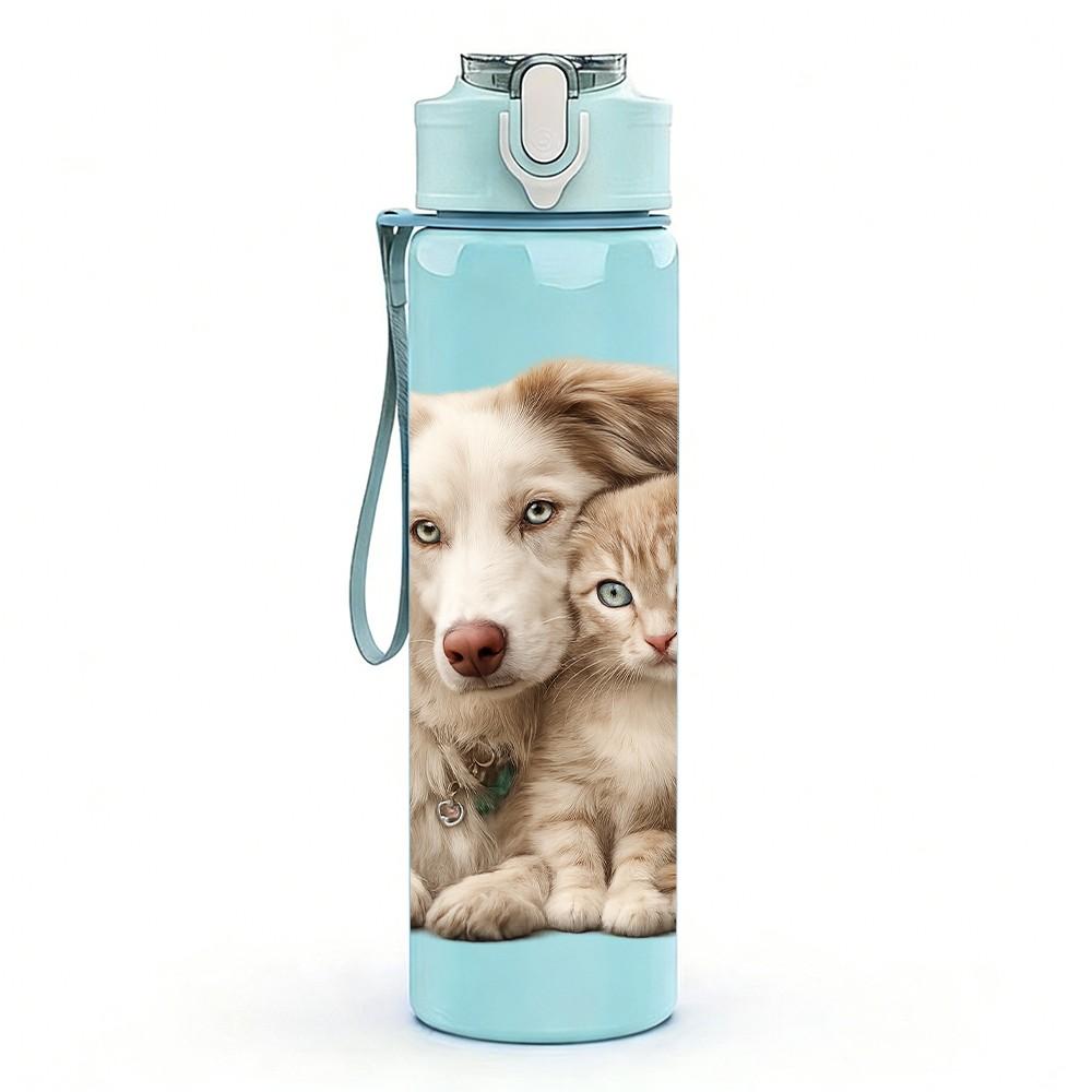 1PC Two Cute Puppy Dogs Snuggling Print 750ml Color Plastic Sports Water Bottle Leakproof Flip Straw Lid Suitable for Sports Office Home Use