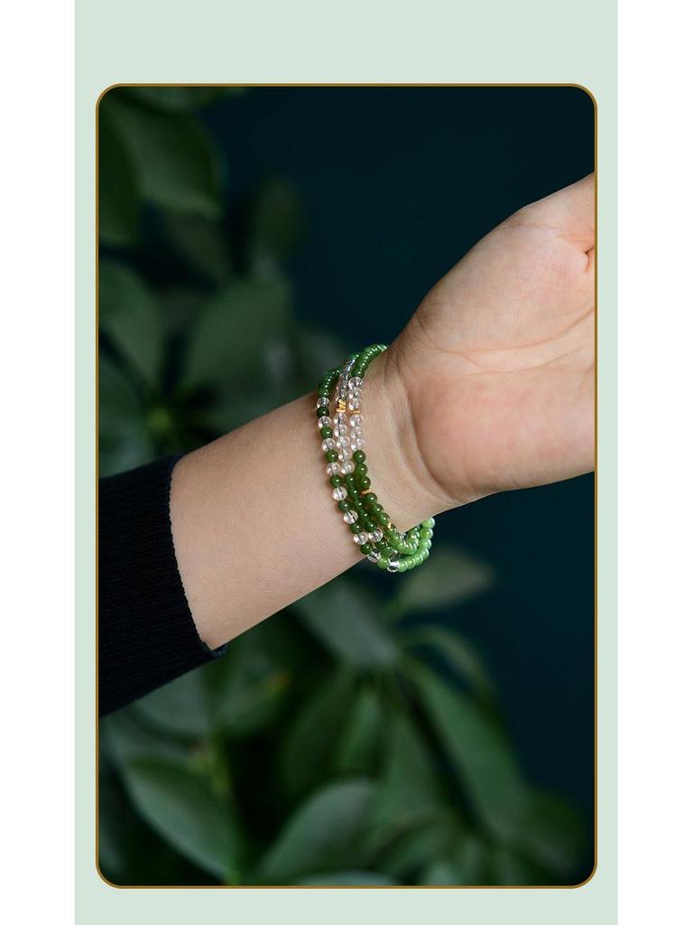 Hetian Jade & White Crystal Bracelet with 925 Silver Accents