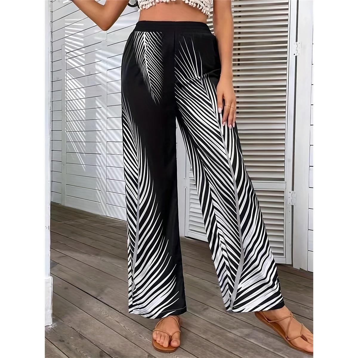 

Women s Elegant High Waist Striped Leaf Print Wide Leg Pants Clothes Sale S черный серый