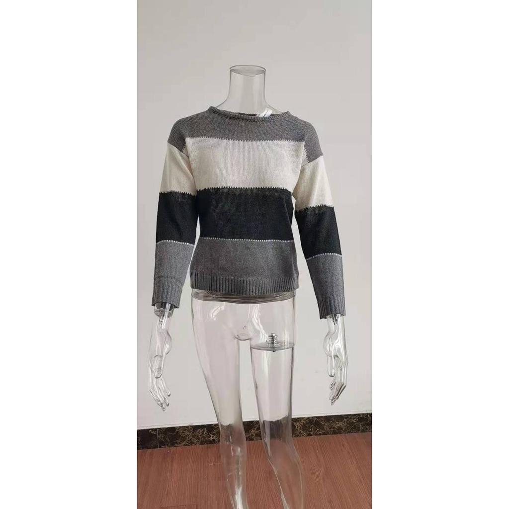 New Women's Casual Striped Long Sleeve Round Neck Autumn Winter Pullover Knitted Sweater Top