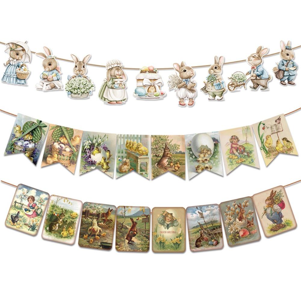 Retro Bunny Easter Banner Chick Printed Hanging Flag Rabbit Spring Bunting Easter Festival Bunting Party