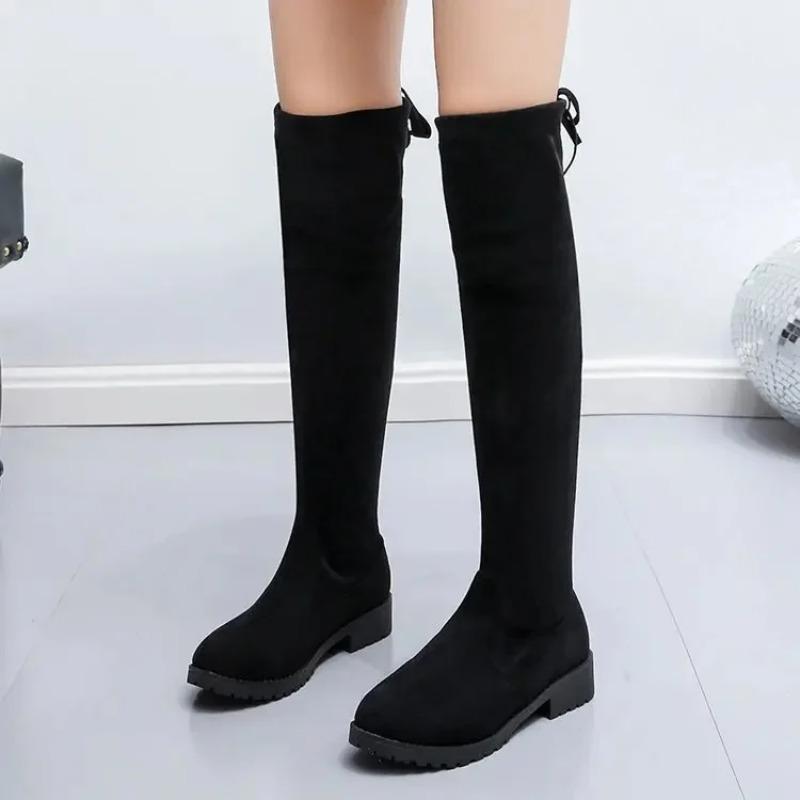 Plus Size Women's Long Tube Boots Autumn/Winter New Elastic Slimming Boots Flat Bottom Fleece-Lined High Tube Boots Woman Shoes