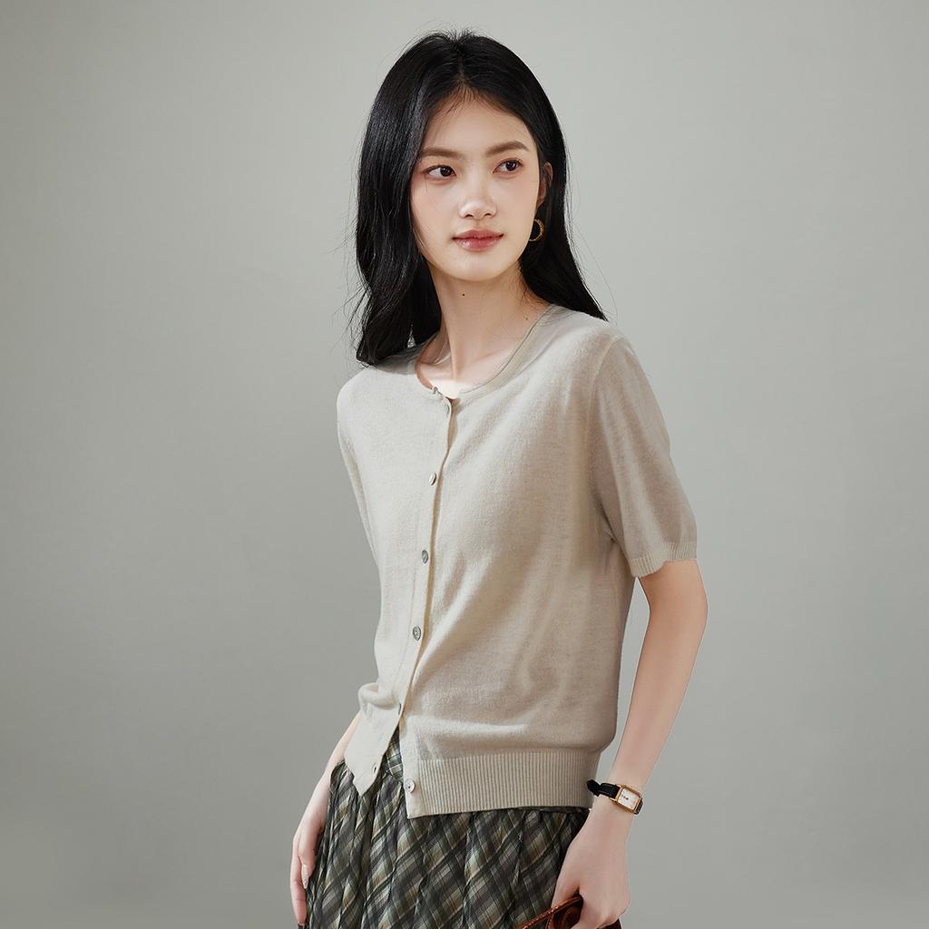 100% sheep wool round neck short sleeved wool sweater for women 2026 spring and autumn casual versatile short knitted top